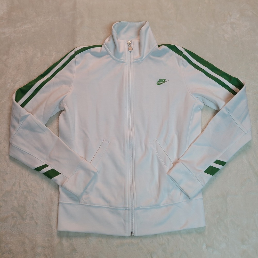 VTG Nike Track Jacket Womens Small White Green Stripe Soccer Preppy Full Zip y2k